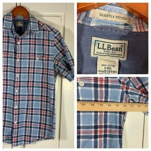 LL Bean Mens Short Sleeve Plaid Button Up Shirt Red Blue White Small Casual